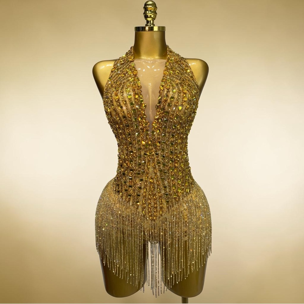 Nu Shuz Key West Gold Halter Rhinestone Fringe Embellished Costume Show Bodysuit
